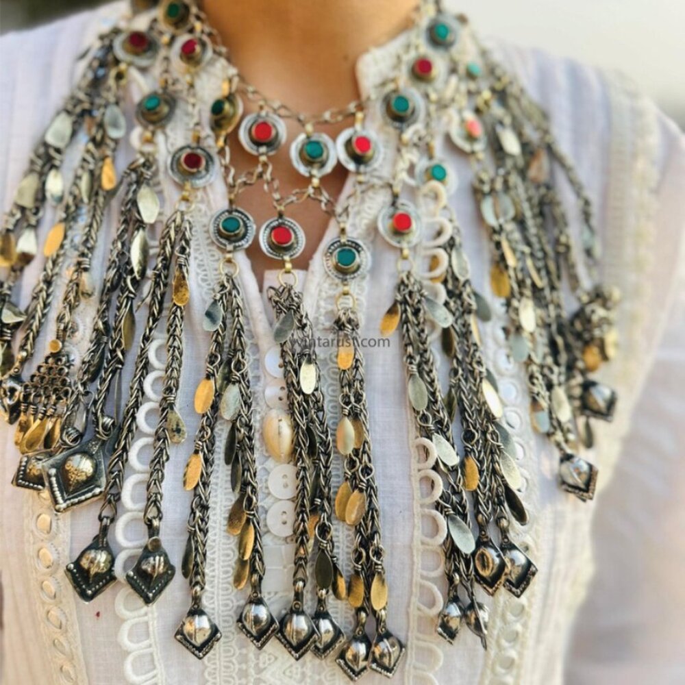 Afghan Kuchi Tribal Necklace, Gypsy Silver Multi-Layered Tassel Statement Jewlry - Picture 2 of 7